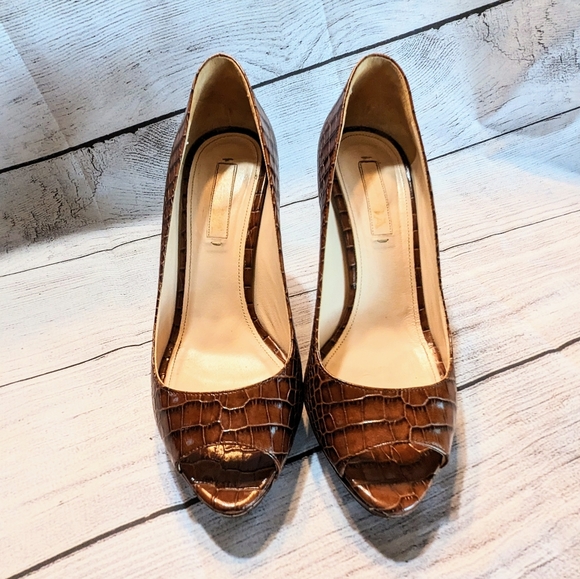 PRADA PLATFORM HEELS Size 8 or 38 Brown Leather Snakeskin Peep Toe Pumps - Picture 14 of 16